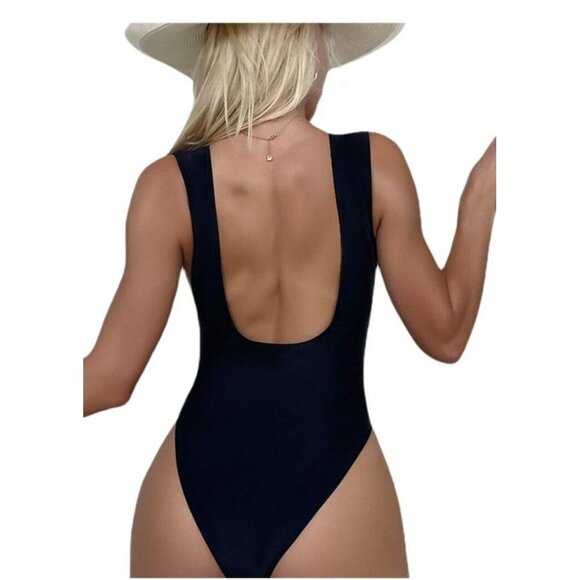 Hilinker‎ Womens S One Piece Bathing Swim Suit Front Tie Bow Black Deep V Neck - Picture 6 of 8